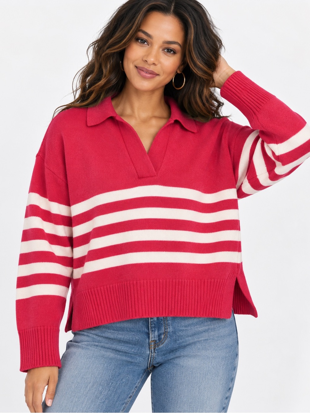 Grace + Karma Pink White Striped Collared Sweater Size Small
